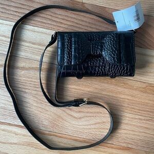Betsey Johnson Black Wallet on a String with Bow Croc Crossbody NWT One Size $58